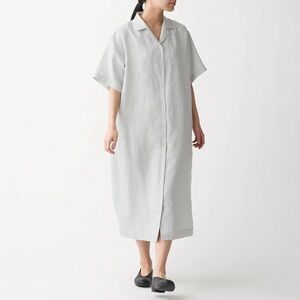 MUJI FRENCH LINEN WASHED OPEN COLLAR HALF SLEEVE DRESS (XS&S)